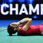 Carolina Marin celebrates after becoming the first Spaniard ever to win an All-England title