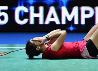 Carolina Marin celebrates after becoming the first Spaniard ever to win an All-England title