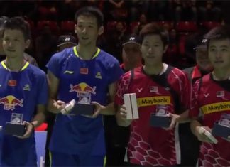 Goh V Shem (pink shirt left)/Tan Wee Kiong put up a good fight before beaten by Cai Yun (blue shirt left)/Lu Kai at Swiss Open final