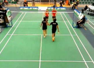 Chan Peng Soon/Goh Liu Ying (orange shirt) shake hands with their opponents following the match.