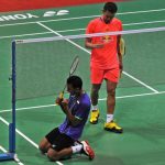 Tommy Sugiarto dropping to his knees to celebrate his India Open victory over Lin Dan. (Photo: S. Subramanium)