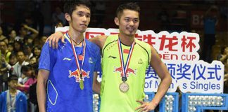Lin Dan (right) beats Tian Houwei to win his fourth Badminton Asia Championships title on Sunday.