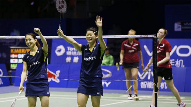 Misaki Matsutomo/Ayaka Takahashi celebrates after their win over Denmark