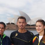 Saina Nehwal of India, Lin Dan of China and Gronya Somerville of Australia (from left) pose in front of the Sydney Opera House (Photo: Fairfax Media).