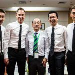 Lee Chong Wei, Peter Gade, Taufik Hidayat, and Lin Dan with a Yonex executive.