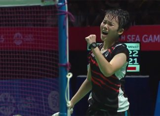 Goh Jin Wei's great fist pump after winning the SEA Games quarter-finals against Nichaon Jindapon.
