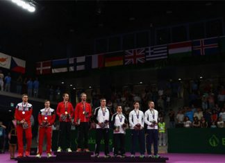 Mathias Boe/Carsten Mogensen and other men's doubles winners at the 2015 European Games in Baku. (photo: Getty)