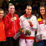 Lianne Tan of Belgium wins Silver, Line Kjaersfeldt of Denmark wins Gold, Petya Nedelcheva of Bulgaria wins Bronze and Clara Azurmendi of Spain wins Bronze (from left). (Photo: Getty Images)