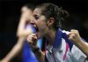 Carolina Marin of Spain cannot believe she has just beaten China's Li Xuerui to become world champion, August 31, 2014.