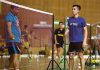 Coach Tey Seu Bock gives advice to Chong Wei Feng during the training session.