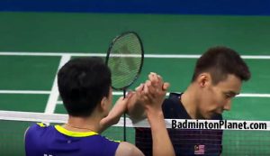 Wei Nan and Lee Chong Wei shake hands following the second round match at Denmark Open.