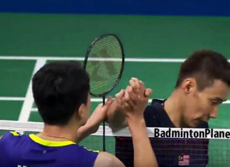 Wei Nan and Lee Chong Wei shake hands following the second round match at Denmark Open.