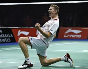 Viktor Axelsen celebrates after beating his badminton idol Lin Dan at Denmark Open quarter-finals.