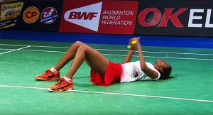 P.V Sindhu lay down on the court after she beats Carolina Marin in semi-finals at Denmark Open.