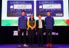 Chen Long (left) and Zhang Peimeng (right) with Visa's management team.