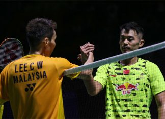 Lee Chong Wei shakes hand with Lin Dan after their China Open semi-final match. (photo: Xinhua)