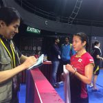 Nozomi Okuhara's post match interview with a journalist. (photo: EPA)