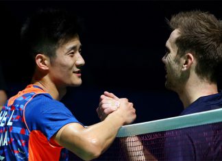 Chen Long shakes hands with Jan O Jorgensen after crushing the world No. 2 in straight sets.