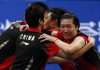 Wang Xiaoli (R) and Yu Yang of China celebrate victory after winning the 2013 BWF World Championships in Guangzhou.