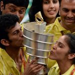 Saina Nehwal and her Hyderabad Hotshots team members celebrating after winning the inaugural edition of the Indian Badminton League 2013. (photo: IBL)