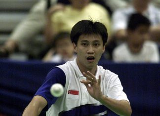 Indra Wijaya represents Singapore during the 2001 Asia Cup Badminton Championship at the Singapore Indoor Stadium.