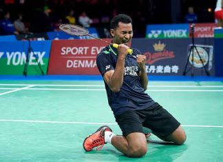 Tommy Sugiarto falling to his knees after winning match point on Thursday. (photo: PTI)