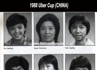 Lao Yujing (middle left) and notable female badminton players such as Li Lingwei, and Han Aiping were part of the Chinese squad that lifted the 1988 Uber Cup.