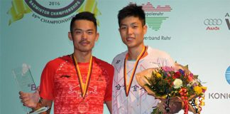 Lin Dan and Chou Tien Chen pose for pictures after their Men's Singles Final match at the German Open. (photo: badminton.de)