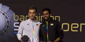Marc Zwiebler and H. S Prannoy (right) pose for pictures during the podium ceremony after the 2016 Swiss Open men's final. (photo: Swiss Open)