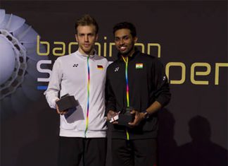 Marc Zwiebler and H. S Prannoy (right) pose for pictures during the podium ceremony after the 2016 Swiss Open men's final. (photo: Swiss Open)