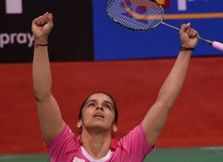 It was a combination of joy and relief for Saina Nehwal after she beat Sung Ji Hyun at the 2016 India Open badminton tournament in New Delhi. (photo: AFP/Prakash Singh)