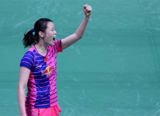 China's Li Xuerui celebrates after victory in her women's singles semi-final match against India's Saina Nehwal at the 2016 India Open. (photo: GettyImages)