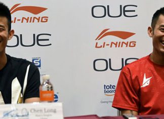 Chen Long and Lin Dan at the 2016 Singapore Open press conference. (photo: AFP)