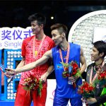 Lee Chong Wei (2nd L) of Malaysia uses a selfie stick to take photos with the runner-up Cheng Long (L) of China and the third place Tian Houwei (3rd L) of China and Lin Dan (R) of China on the podium after winning the men’s singles final match against Chen Long of China at the 2016 Badminton Asia Championships. (photo: AFP)