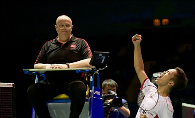 Ginting Anthony of Indonesia celebrates victory against Lee Dong Keun of South Korea in the Thomas Cup semi-final match.