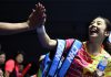 Wang Shixian of China celebrates her victory against Pusarla V Sindhu of India in the Uber Cup semi-final. (photo:AFP)