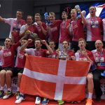 Denmark players (top-in red jerseys) celebrate during the awards ceremony after winning the 2016 Thomas Cup. (photo: AFP)