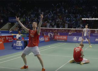 Carsten Mogensen drops to his knees while Mathias Boe celebrates their 1st round victory at the 2016 Indonesia Open.