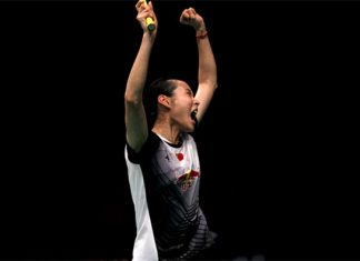 Wang Yihan celebrates after a huge win against Carolina Marin in the semi-final of 2016 Indonesia Open. (photo: Getty)