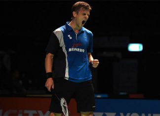 Denmark's Hans-Kristian Vittinghus celebrates after his victory over India's Srikanth Kidambi in the Australian Open men's singles semi-final. (photo: AFP)