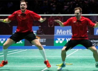 Russia's Vladimir Ivanov and Ivan Sozonov perform the haka after winning the men's doubles final at the All England Open.