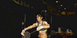 Mixed doubles Leanne Choo with 'markers' performing a short serve. Credit: ECU