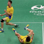 Goh V Shem and Tan Wee Kiong celebrate winning a men's doubles quarterfinal match against World No. 1 Lee Yong Dae and Yoo Yeon Seong of Korea. (photo: AFP)