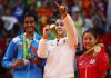 Rio 2016 women's singles silver medalist V. Sindhu Pusarla of India, gold medalist Carolina Marin of Spain and bronze medalist Nozomi Okuhara of Japan (from left). (photo: AFP)