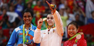 Rio 2016 women's singles silver medalist V. Sindhu Pusarla of India, gold medalist Carolina Marin of Spain and bronze medalist Nozomi Okuhara of Japan (from left). (photo: AFP)