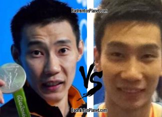 Lee Chong Wei vs player from Beijing Shougang basketball team.