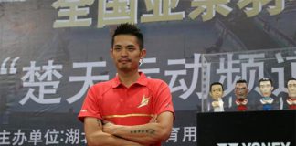 Lin Dan attends the Legend's Vision promotional tour in Wuhan, China.