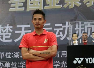 Lin Dan attends the Legend's Vision promotional tour in Wuhan, China.