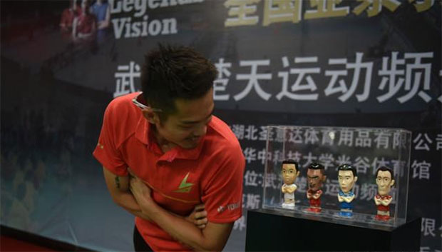 Lin Dan attends the Legend's Vision promotional tour in Wuhan, China.