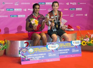 Tai Tzu-Ying and P.V. Sindhu pose on the podium. (photo: AP)